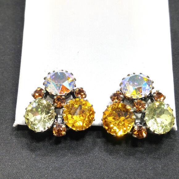 Karu Arke 1950s Austrian Rhinestone Earrings Topaz Aurora Borealis Vintage - Picture 7 of 10